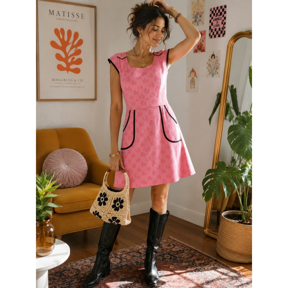 Nooworks Balloon Dog Print Western Wonder Dress Rare Pink Stretch Cotton Retro M